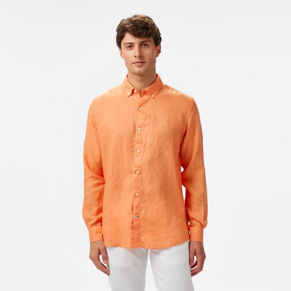 Nautica Erkek Turuncu Classic Fit Keten Gömlek