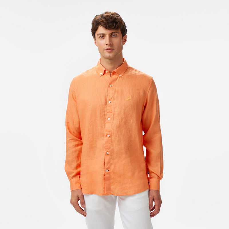 Nautica Erkek Turuncu Classic Fit Keten Gömlek