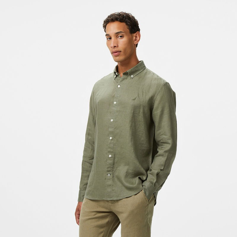 Nautica Erkek Yeşil Classic Fit Keten Gömlek